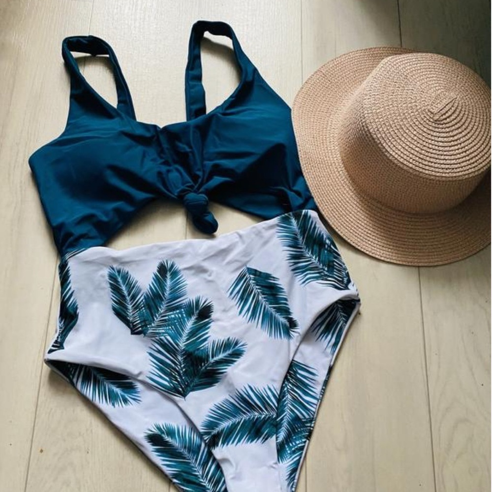 Teal Knot Front One-Piece Swimsuit with Palm Print Size XL